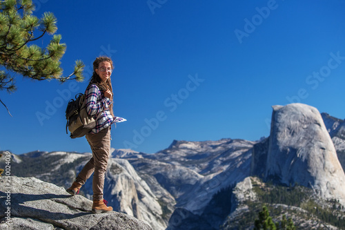 Happy hiker visit Yosemite national park in California