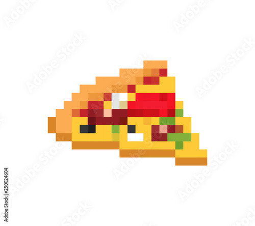 Slice of pizza pixel art. Fast food 8bit. Video game Old school digital graphics