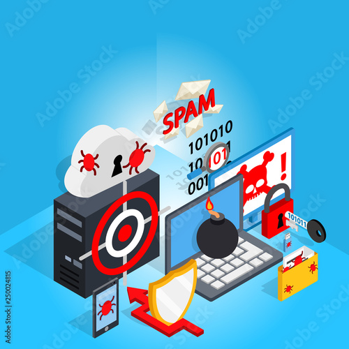 Cyber defence concept banner. Isometric banner of cyber defence vector concept for web, giftcard and postcard