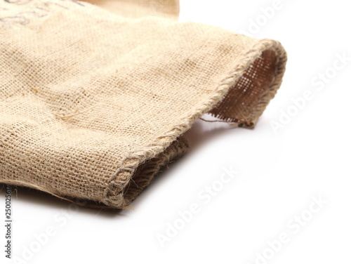 Jute, linen sack isolated on white background and texture