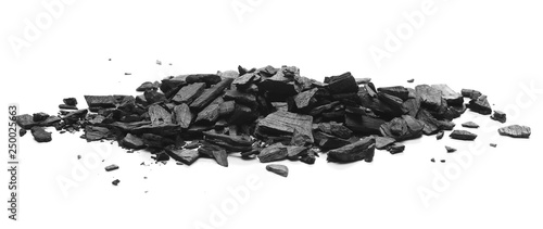 Fototapeta Naklejka Na Ścianę i Meble -  Black charcoal chunks, pile isolated on white background
