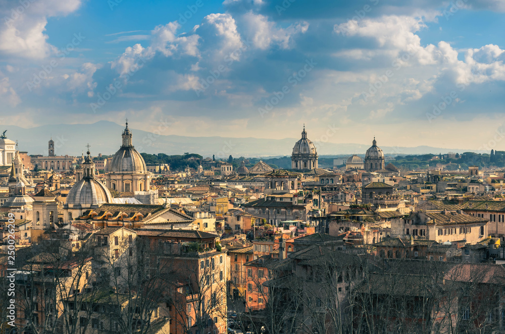 View from the top of Rome and  historical buildings of the city.