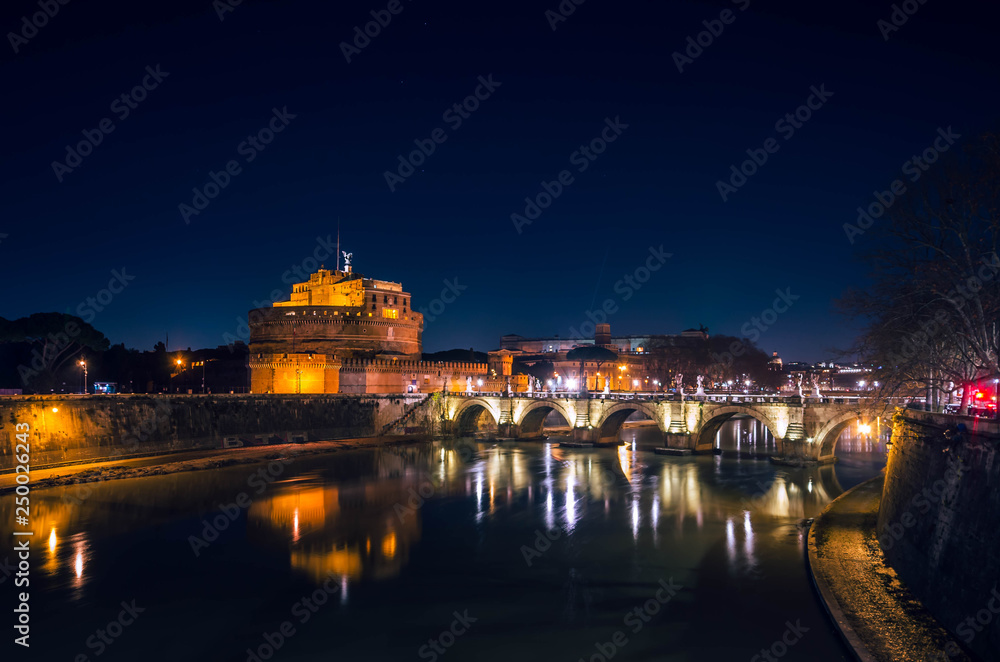 Night view of the Castle of the Holy Angel (Castel Sant' Angelo ), one of the top sights in Rome situated in short distance from Vatican.
