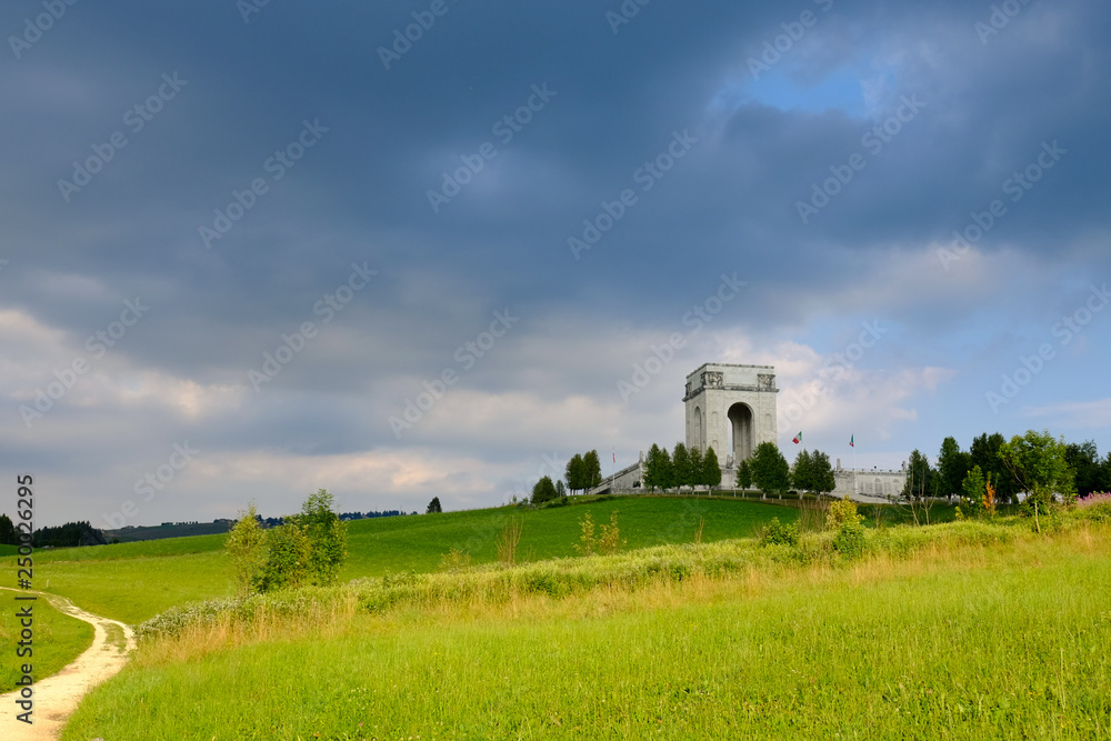Landscape panorama and Military monument on Asiago in memory of soldiers died during World War I - Italy