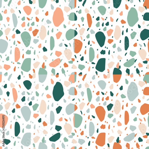 Terrazzo repeat pattern - set of 4 seamless repeat patterns in pastel teal and orange colors. Stone textured seamless repeat backgrounds.