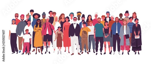Diverse multiethnic or multinational group of people isolated on white background. Elderly and young men, women and kids standing together. Society or population. Flat cartoon vector illustration.