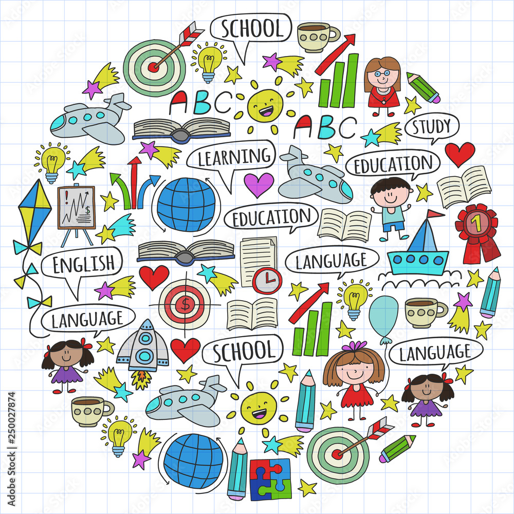 Vector set of learning English language, children's drawing icons in doodle style. Painted, colorful, on a sheet of checkered paper on a white background.