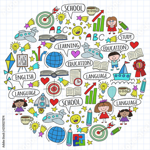 Vector set of learning English language  children s drawing icons in doodle style. Painted  colorful  on a sheet of checkered paper on a white background.