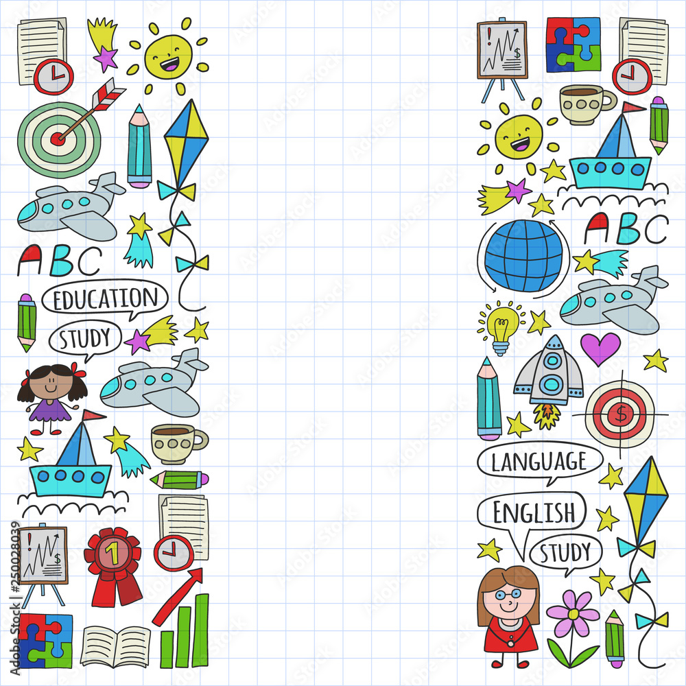 Vector set of learning English language, children's drawing icons in doodle style. Painted, colorful, on a sheet of checkered paper on a white background. Vector set of learning English language, children's drawing icons in doodle style. Painted, colorful, on a sheet of checkered paper on a white background.