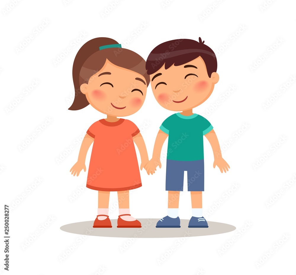 Smiling boy and girl kids holding hands. Children cartoon characters. Childhood, love and romance. Flat vector illustration, Isolated on white background