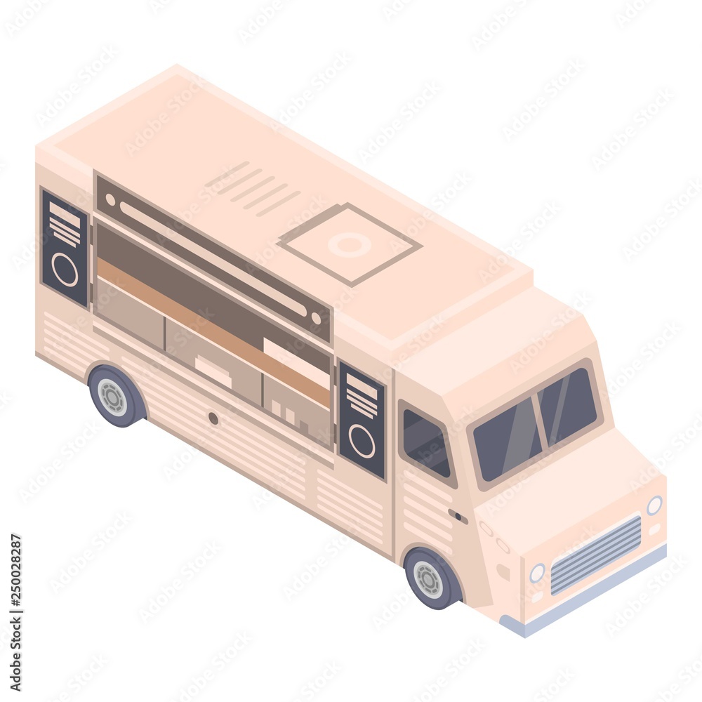 Coffee shop truck icon. Isometric of coffee shop truck vector icon for web design isolated on white background Coffee shop truck icon. Isometric of coffee shop truck vector icon for web design isolated on white background