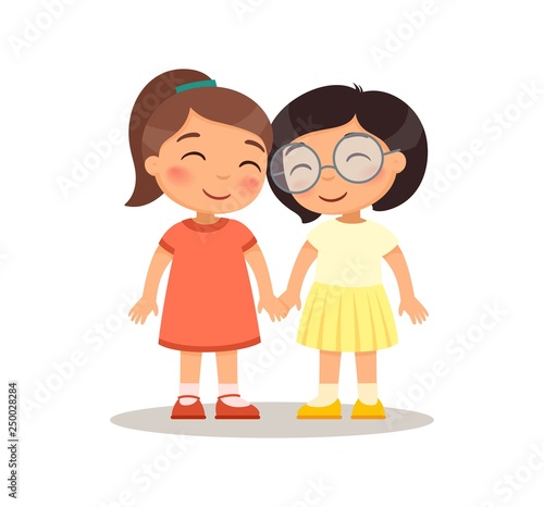 Smiling girls kids holding hands. Children cartoon characters. Flat vector  illustration, Isolated on white background Stock Vector | Adobe Stock