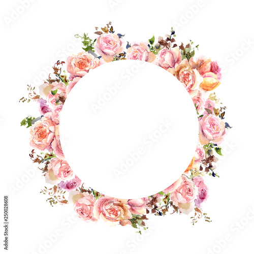 Fototapeta Naklejka Na Ścianę i Meble -  Round floral frame. Wedding invitation design with watercolor roses. Floral greeting card. Floral wreath.