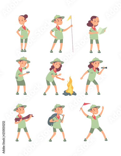 Children scouts. Cartoon kids in scout uniform in summer camping. Funny boys and girls tourist vector characters. Illustration of boy and girl in uniform scout