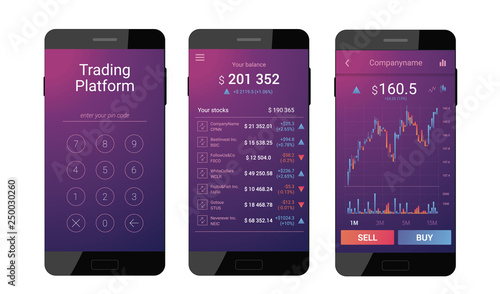 Trading mobile interface for stock exchange. Different screens. Modern violet design. Vector illustration