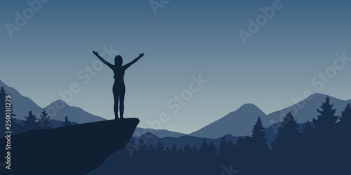 happy girl with raised arms at blue mountain and forest landscape vector illustration EPS10