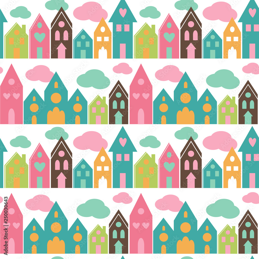 Seamless vector pattern with cute houses and clouds. Seamless vector pattern with cute houses and clouds.