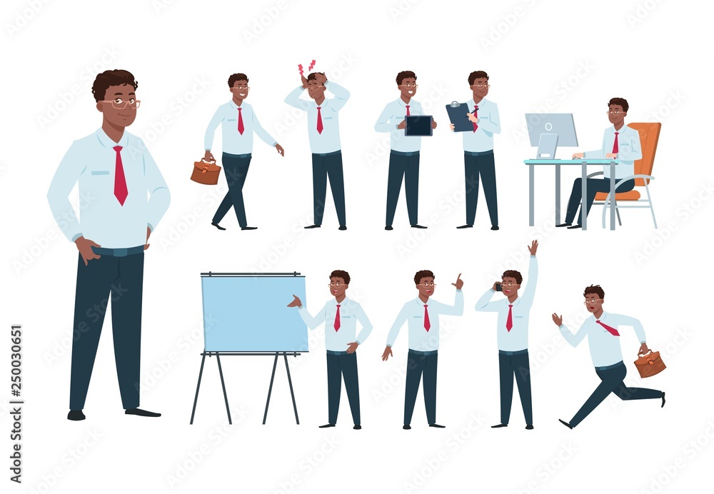 Businessman character. Afro-american office professional worker man, success person in business activity. Cartoon employee vector set. Illustration of business character professional, boss person Businessman character. Afro-american office professional worker man, success person in business activity. Cartoon employee vector set. Illustration of business character professional, boss person