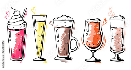 Set of different glasses, different cocktails. Vector illustration