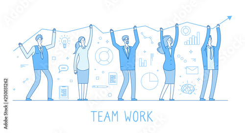Outsourcing team. Business man, woman team, entrepreneurs with growth chart and leader. Prosperity flat blue color line vector concept. Illustration of outsourcing together, management and teamwork
