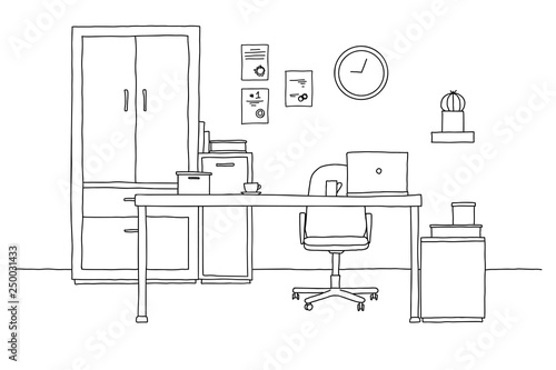 Sketch the room. Office chair, desk, various objects on the table. Sketch workspace. Vector