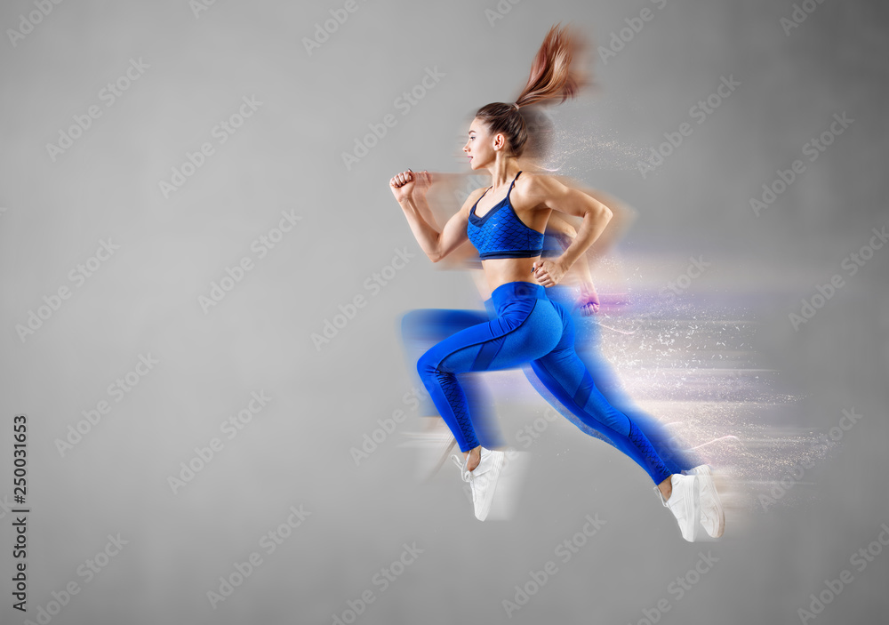 Very speed athletic woman running with speed trail.