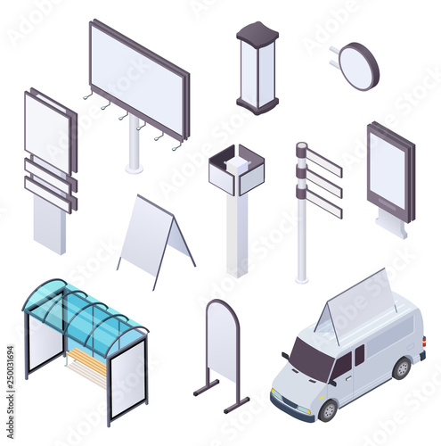 Isometric billboard. Advertising citylight poster billboards outdoor poster advertisement banner street signage 3d isolated vector set. Illustration of billboard outdoor, advertising poster street