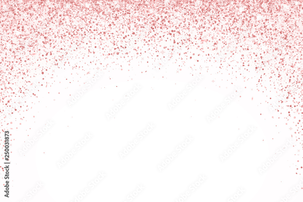 Rose gold falling particles on white background, round form. Vector