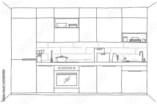 Sketch of the kitchen, front view. Vector