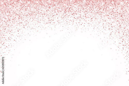 Rose gold falling particles on white background, round form. Vector