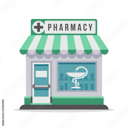 Vector pharmacy city building exterior front view. Isolated flat vector illustration. Pharmacy building, shop exterior drugstore