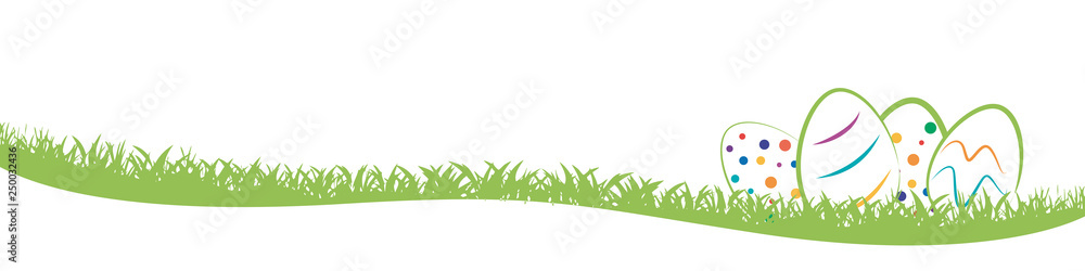Easter banner, background with abstract eggs on grass in field, vector illustration