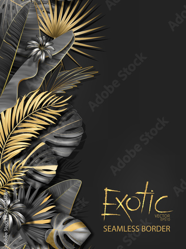 Vertical line floral seamless pattern made with gold and black leaves of tropical plants on dark gray background. Tropic rain forest foliage border. Vector illustration.