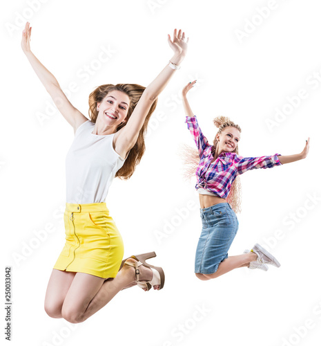 Collage of two women jumps with raised hands.