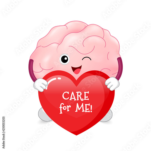 Cute cartoon human brain characters hold red heart. Internal organ. Care for me concept. Vector illustration isolated on white background.