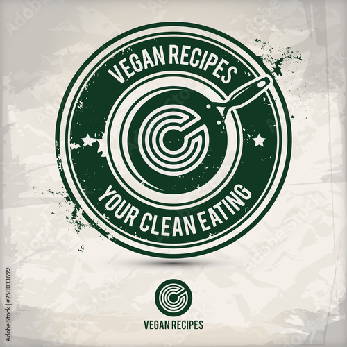 alternative vegan recipes stamp containing: two environmentally sound eco motifs in circle frames, grunge ink rubber stamp effect, textured paper background, eps10 vector illustration