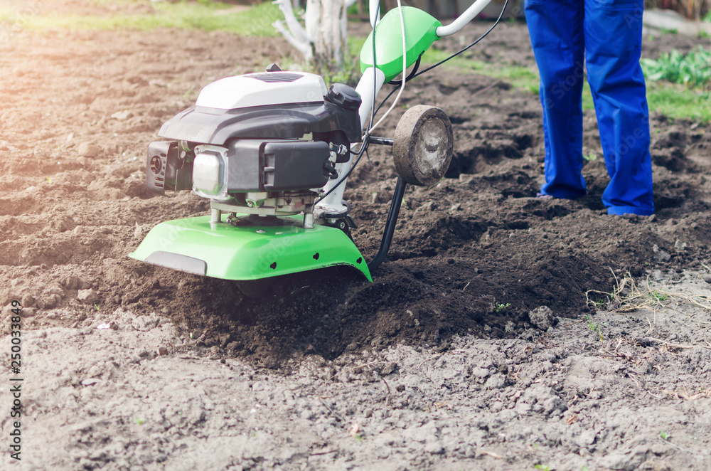 Young girl working in a spring garden with a cultivator Young girl working in a spring garden with a cultivator