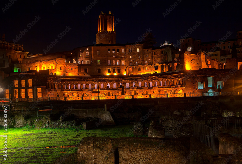 Trajan Forum in the night, roman ruins 