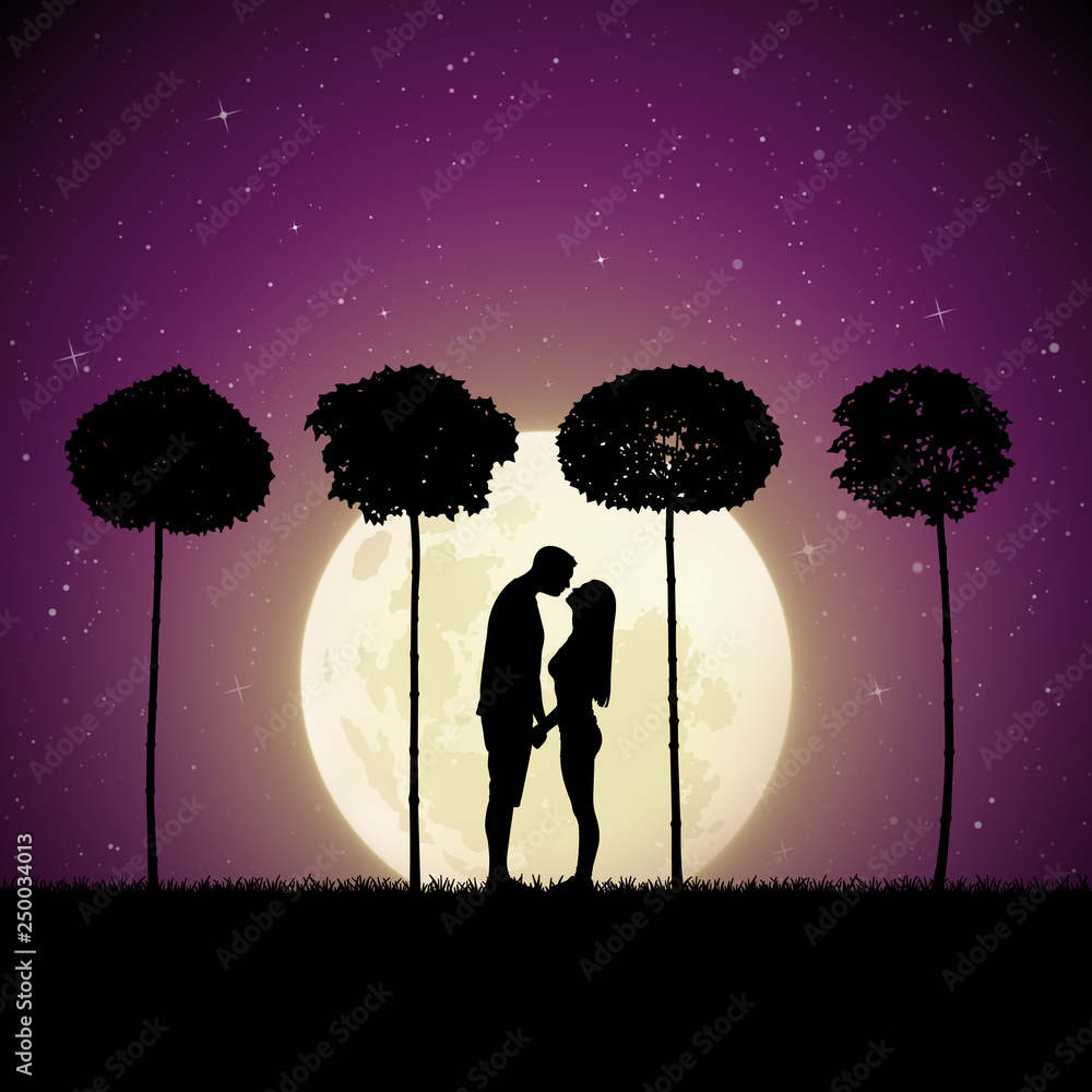 Lovers between trees on moonlit night. Vector illustration with ...