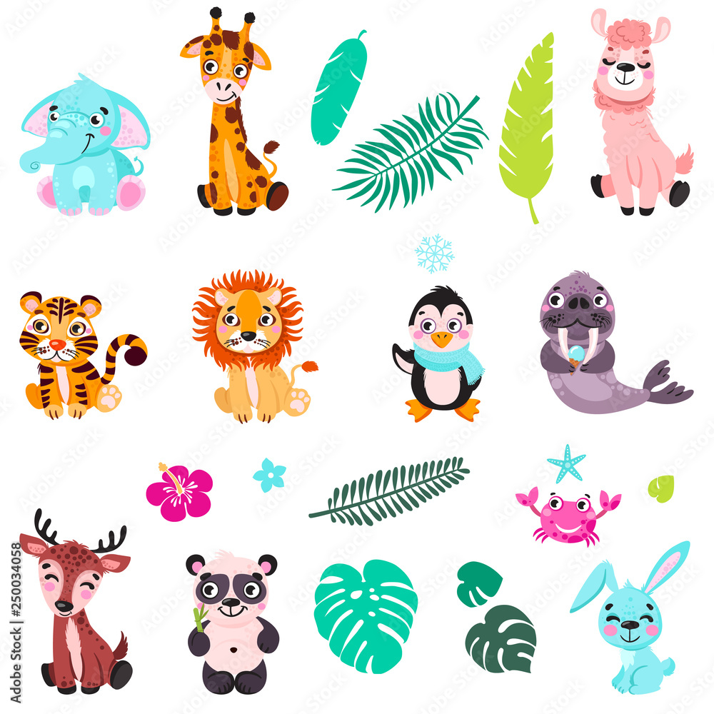 Obraz premium Big set isolated animals. Vector collection funny animals. Cute animals: forest, polar in cartoon style. Giraffe, elephant, crab, rabbit, panda, llama, lion, tiger