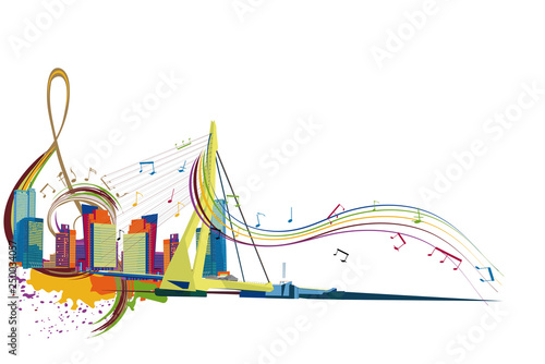 Abstract musical design with a treble clef and musical waves in the city. Hand drawn vector illustration.