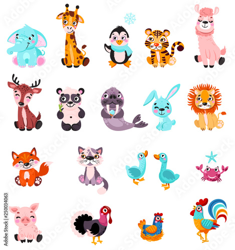 Big set isolated animals and birds. Vector collection funny animals. Cute animals: forest, farm, domestic, polar in cartoon style. Giraffe, elephant, crab, rabbit, fox, pig, llama, panda, lion, cat