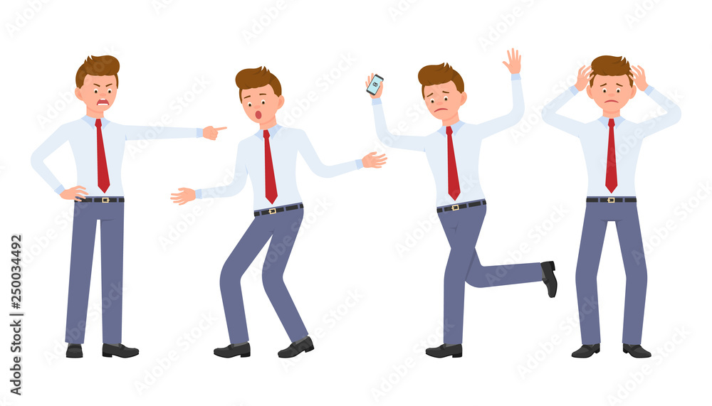 Young office worker in formal wear shouting, pointing finger, surprised, upset, shocked. Cartoon character design of stressed man at work concept - Vector Young office worker in formal wear shouting, pointing finger, surprised, upset, shocked. Cartoon character design of stressed man at work concept - Vector
