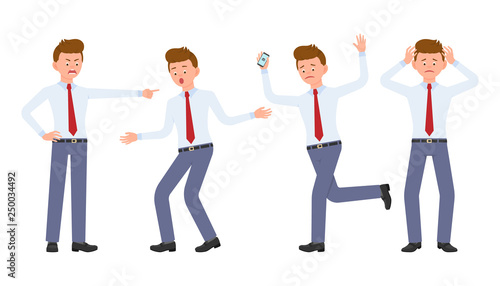 Young office worker in formal wear shouting, pointing finger, surprised, upset, shocked. Cartoon character design of stressed man at work concept - Vector