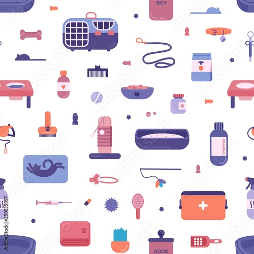 Seamless pattern with pet store products for cats and dogs on white backgroun...