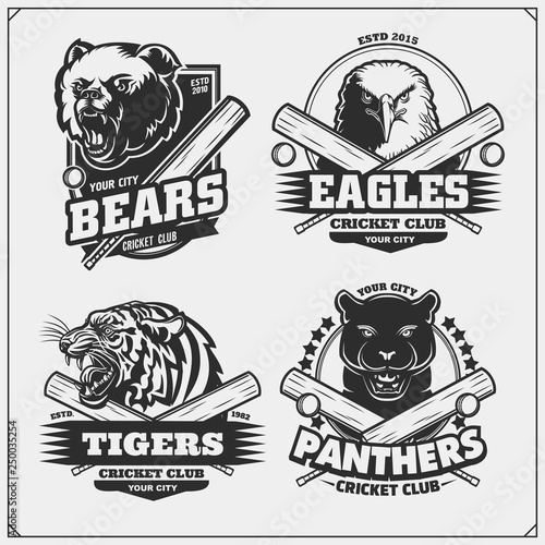 Set of cricket badges, labels and design elements. Sport club emblems with grizzly bear, panther, coyote and eagle. Print design for t-shirts.