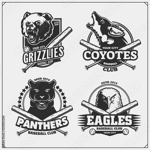 Set of baseball badges, labels and design elements. Sport club emblems with grizzly bear, panther, coyote and eagle. Print design for t-shirts.