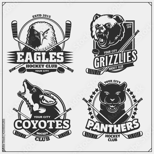 Set of hockey badges, labels and design elements. Sport club emblems with grizzly bear, panther, coyote and eagle. Print design for t-shirts.