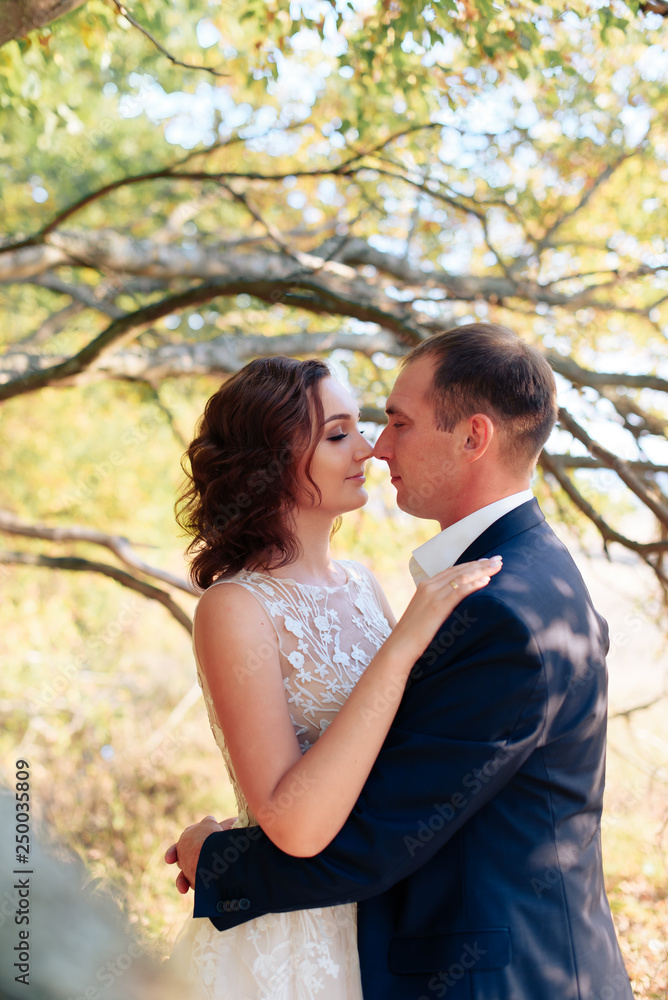 young bride and groom walking in autumn Park with yellow leaves young bride and groom walking in autumn Park with yellow leaves