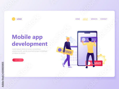 Landing web page template of Mobile App Development. People design mobile app near big smartphone. UI UX design. Modern flat concept vector illustration.